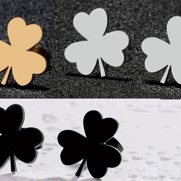 Clover Leaf Stud Earrings - SET of 3 -  Stainless Steel - Gold, Silver, Black - Picture 2 of 8